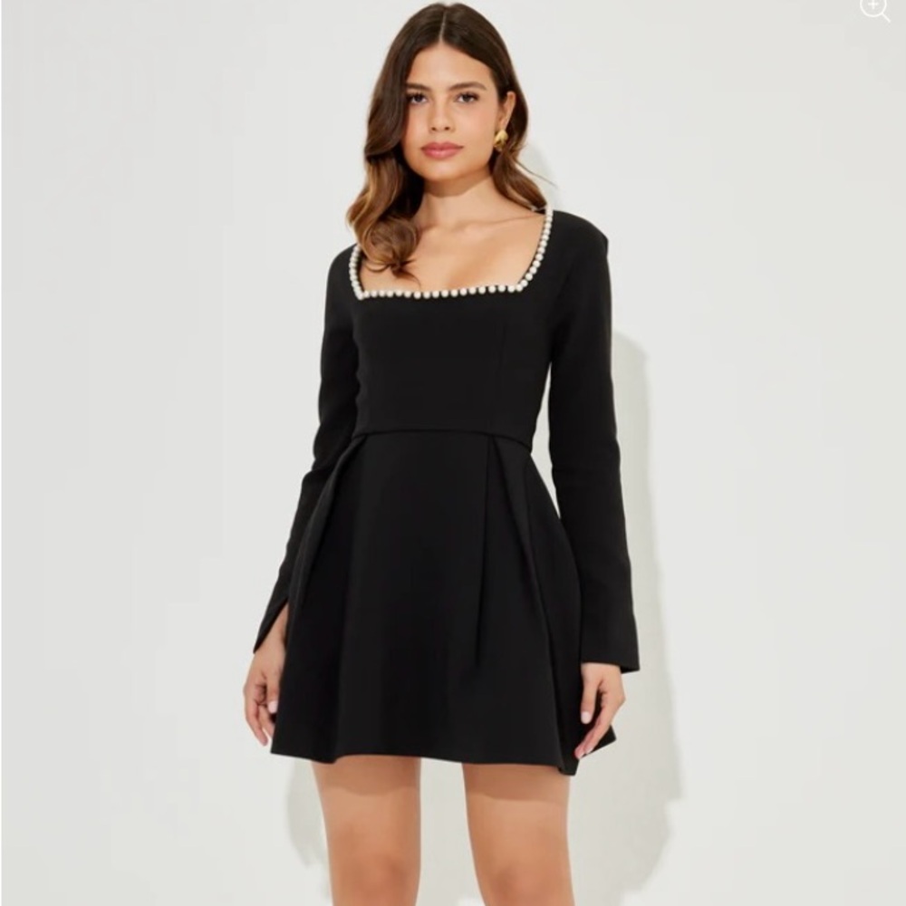 NWOT Elegant Black Long Sleeve Dress with Pearl Accents
